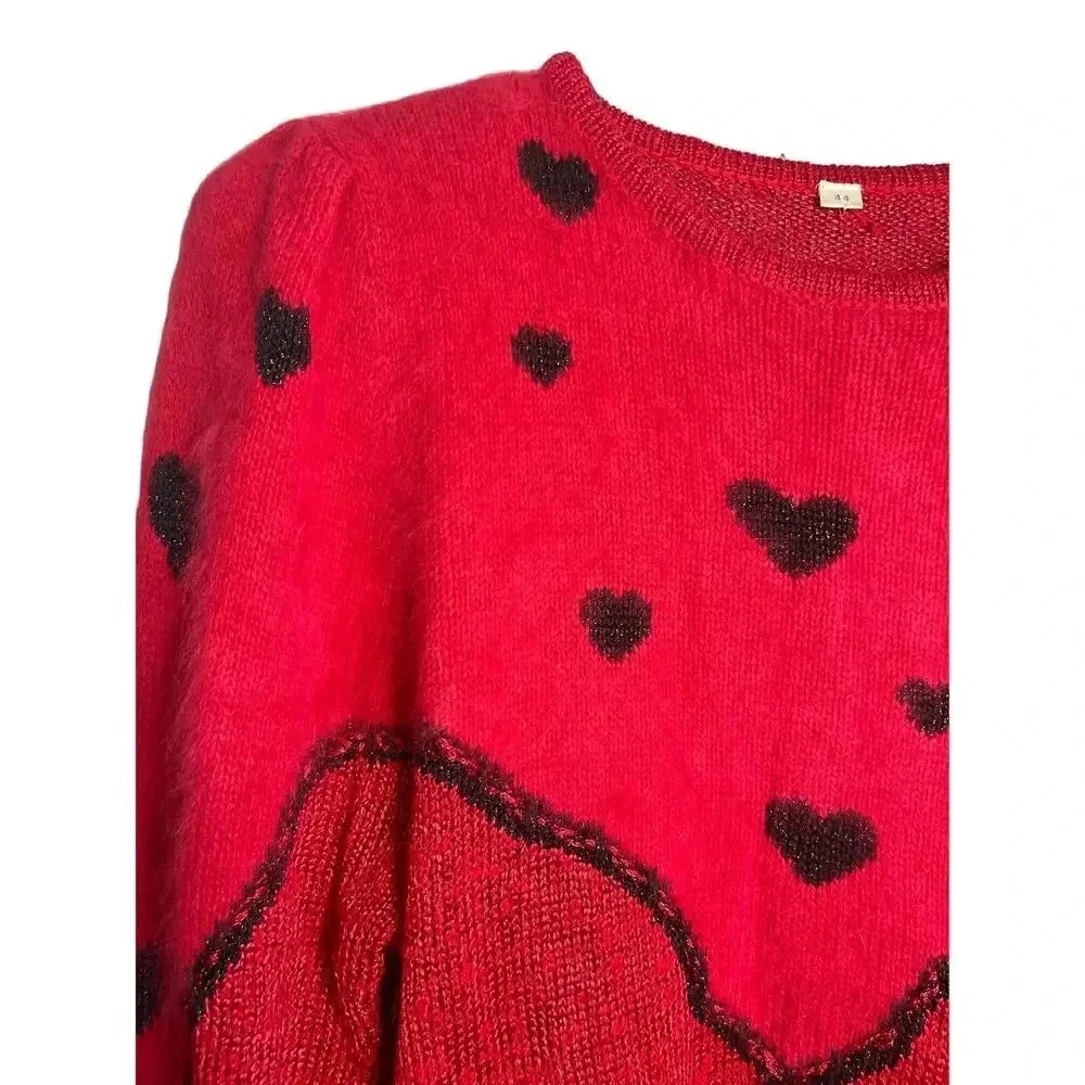 Red Black Heart Pattern Soft Pullover Shoulder Pad Sweater Women's Size 44